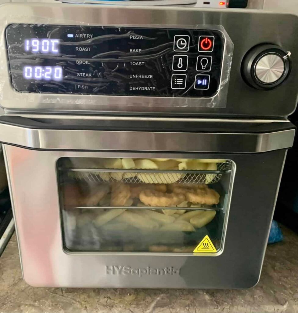 view of our own purchase testing hysapientia budget air fryer uk under £100 unboxing package arrival several weeks to months