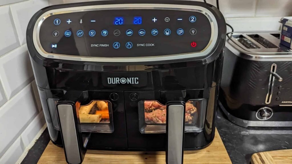 view of our own purchase testing duronic xxl air fryer af34 bk for large family uk unboxing package arrival several weeks to months