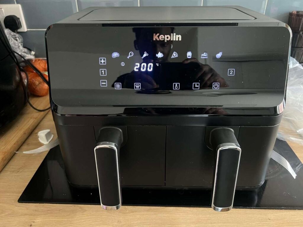 view of our own purchase testing keplin 9l dual zone air fryer for large family uk unboxing package arrival several weeks to months
