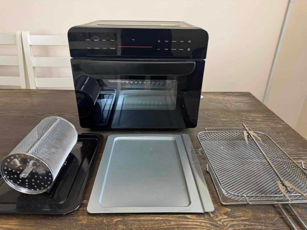 view of our own purchase testing ometa air fryer for pizza uk unboxing package arrival several weeks to months