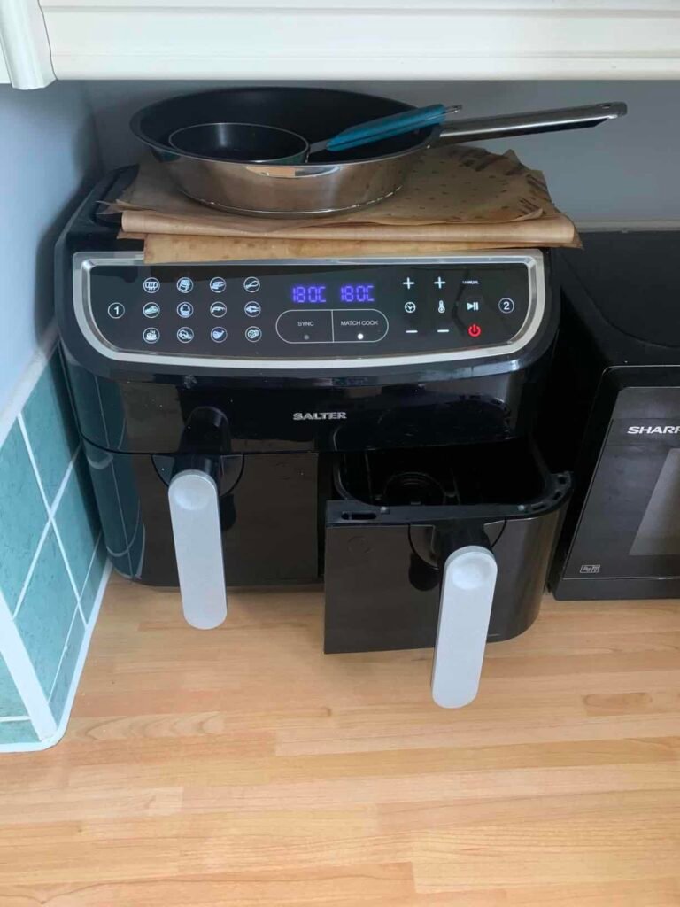 view of our own purchase testing salter ek5728 fuzion dual air fryer for family of 4 uk unboxing package arrival several weeks to months